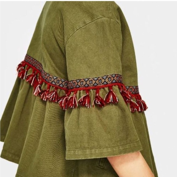 ZARA BASIC Dept. Z1975 DENIM Bell Sleeve Cotton Jacket W/ Fringe Trim L Olive - Picture 7 of 12